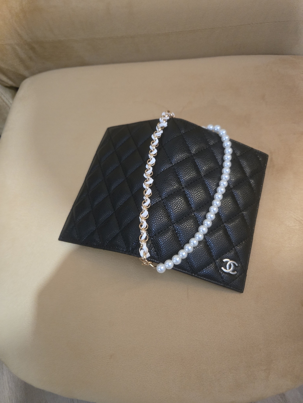 Chanel Black Quilted Passport Holder with Pearl-Chain